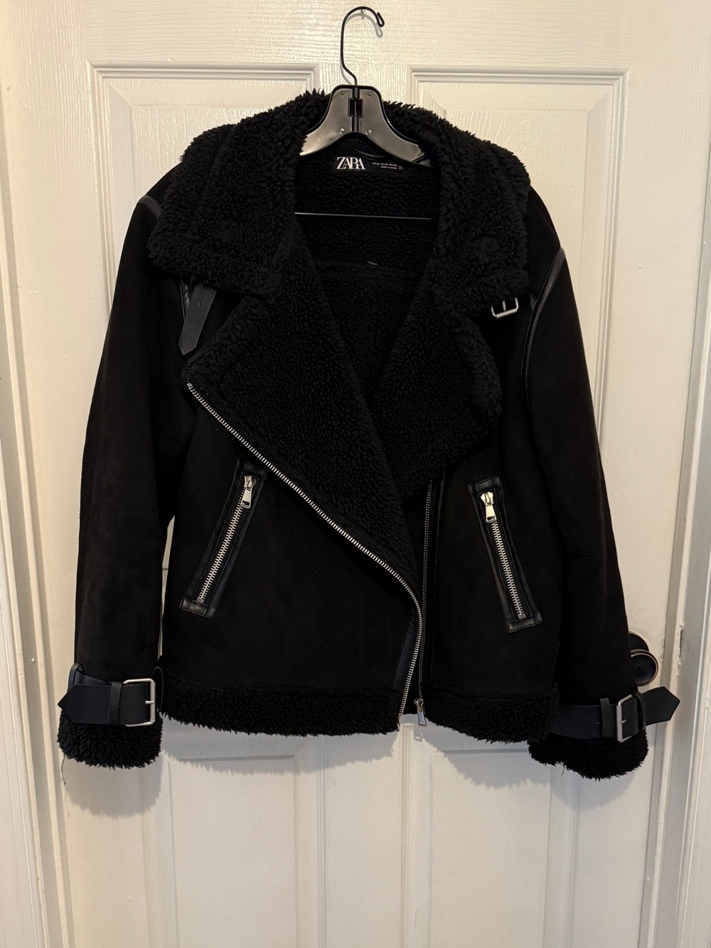 ZARA Black Faux Shearling Aviator Biker Jacket Faux Suede Moto Coat Women’s XL